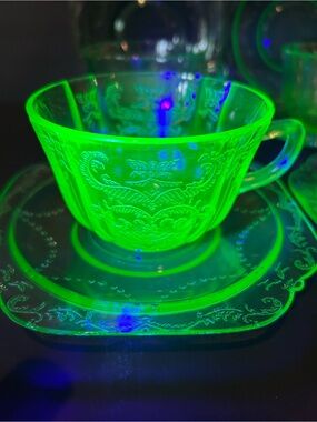 Vintage Uranium Glass Teacup and Saucer  Federal Glass Company Madrid Pattern